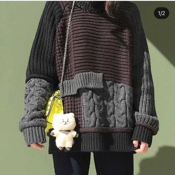 ZARA Patchwork Sequin Pullover Sweater M Wool Chunky Grunge Boho